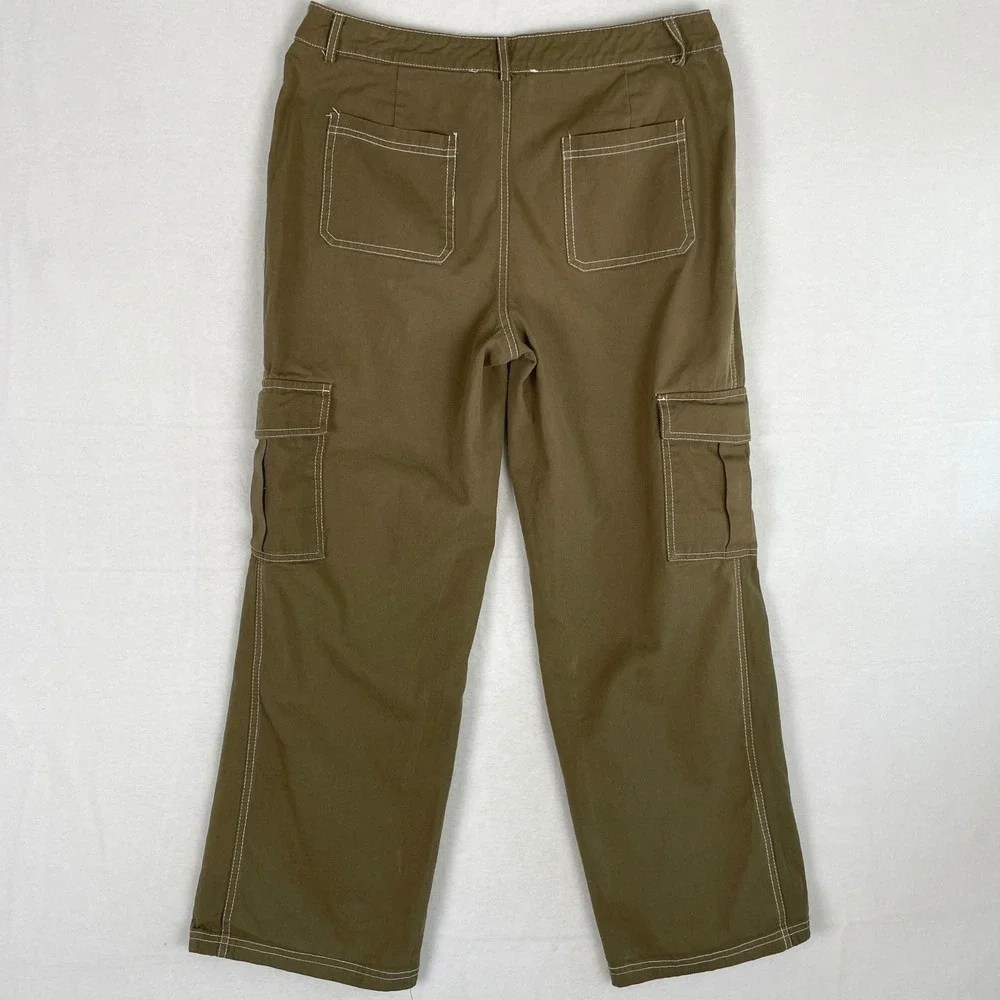 Hesperus XL Women's Olive Green Cargo Pants‎ Wide Leg Contrast Stitching Utility